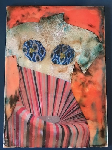 'Fem Fem' by Charlene Bennett Smith, Mixed media collage with encaustic on wood panel, 5x7 inches